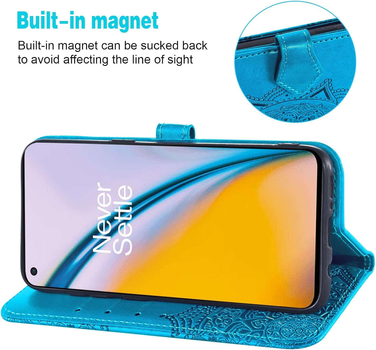 For OnePlus Nord 2 5G Tempered Glass Screen Protector Flip Wallet Case - Blue - Image 4