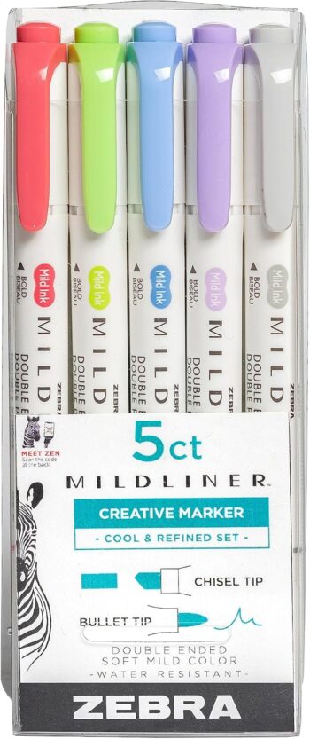 Mildliner Double Ended Highlighter Set, Broad/Fine Point, Cool Colors(Pack of 5)