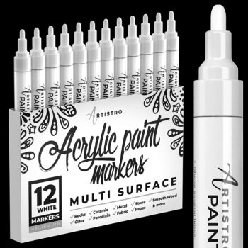 Set of 12 White Marker for Acrylic Painting, Water-based, Medium Tip - 12 White