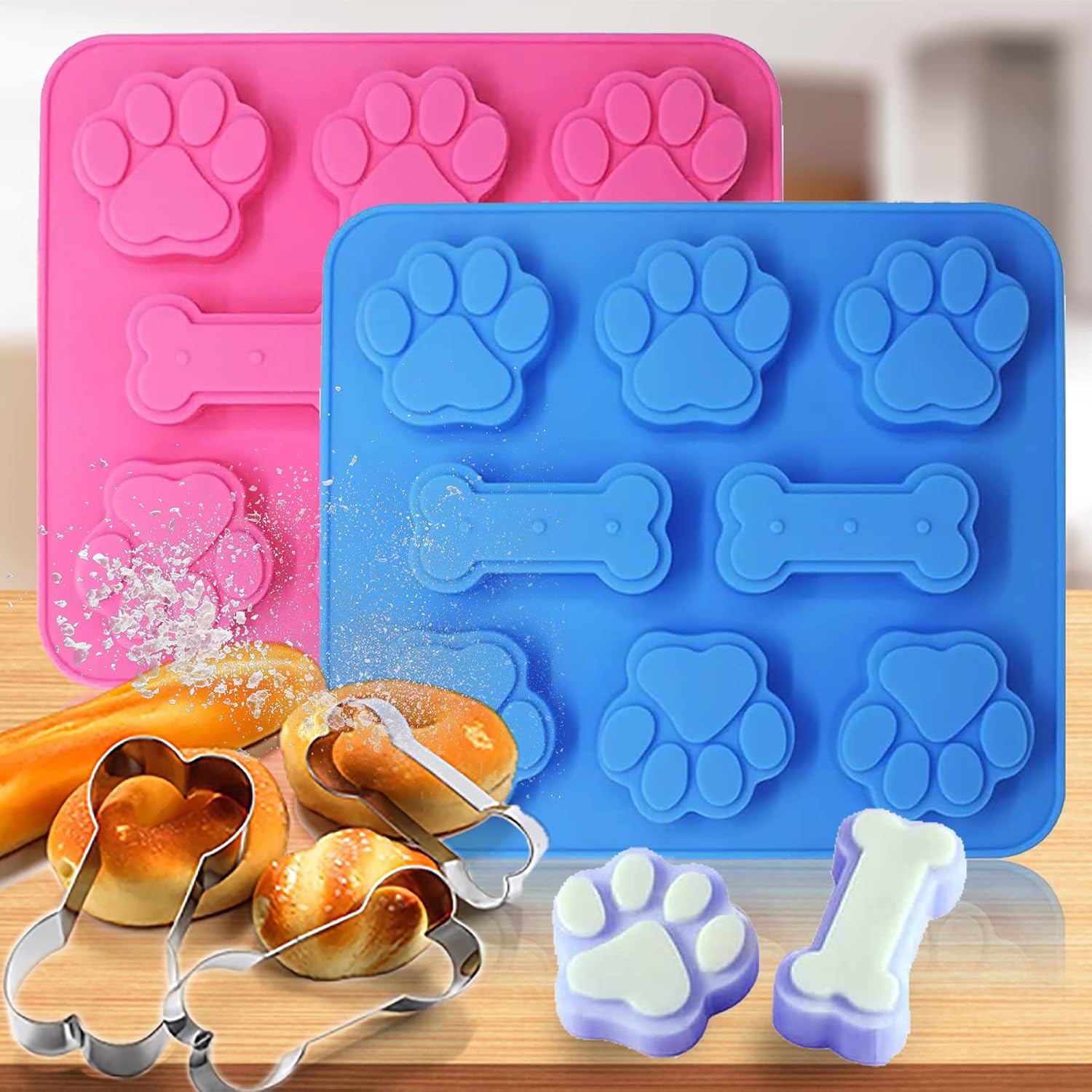 2 in 1 Silicone Molds,2 Pack Silicone Puppy Paw Print & Dog Bone Shaped Molds