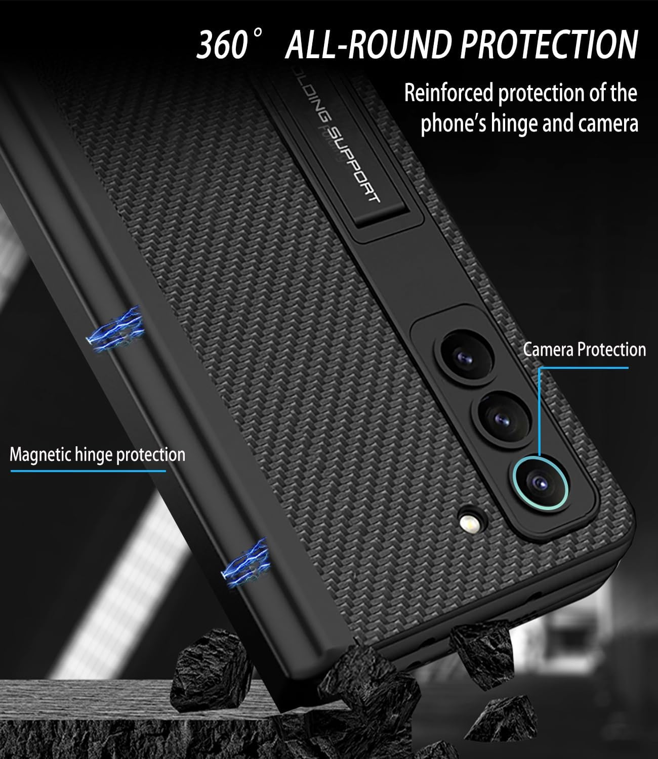 Samsung Galaxy Z Fold 5 Case with Pen Holder, Leather Case - Black - Image 2
