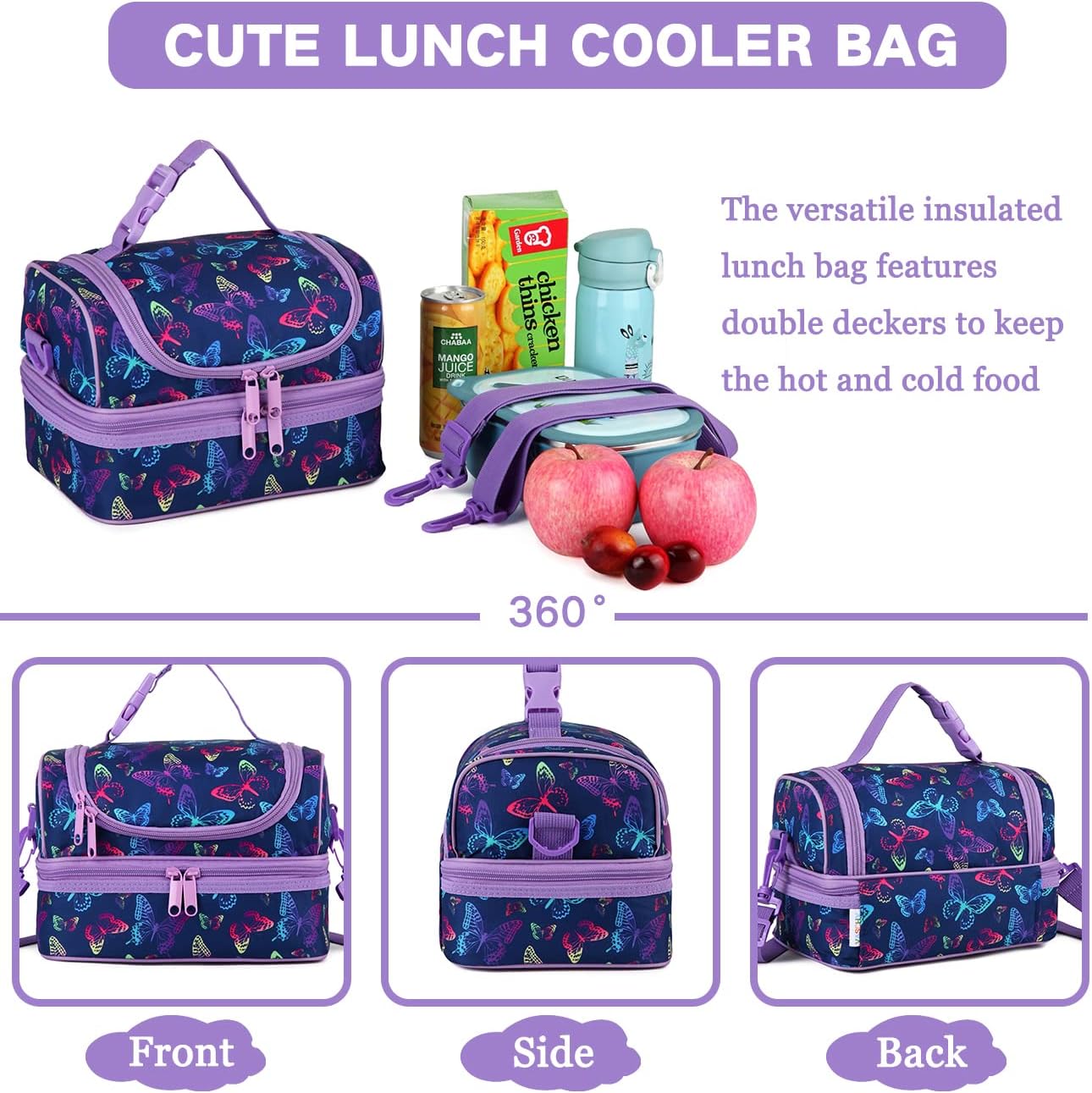 Lunch Box Bag Kids, Insulated Two Compartments Cooler Bags Girls Shoulder Strap - Image 5