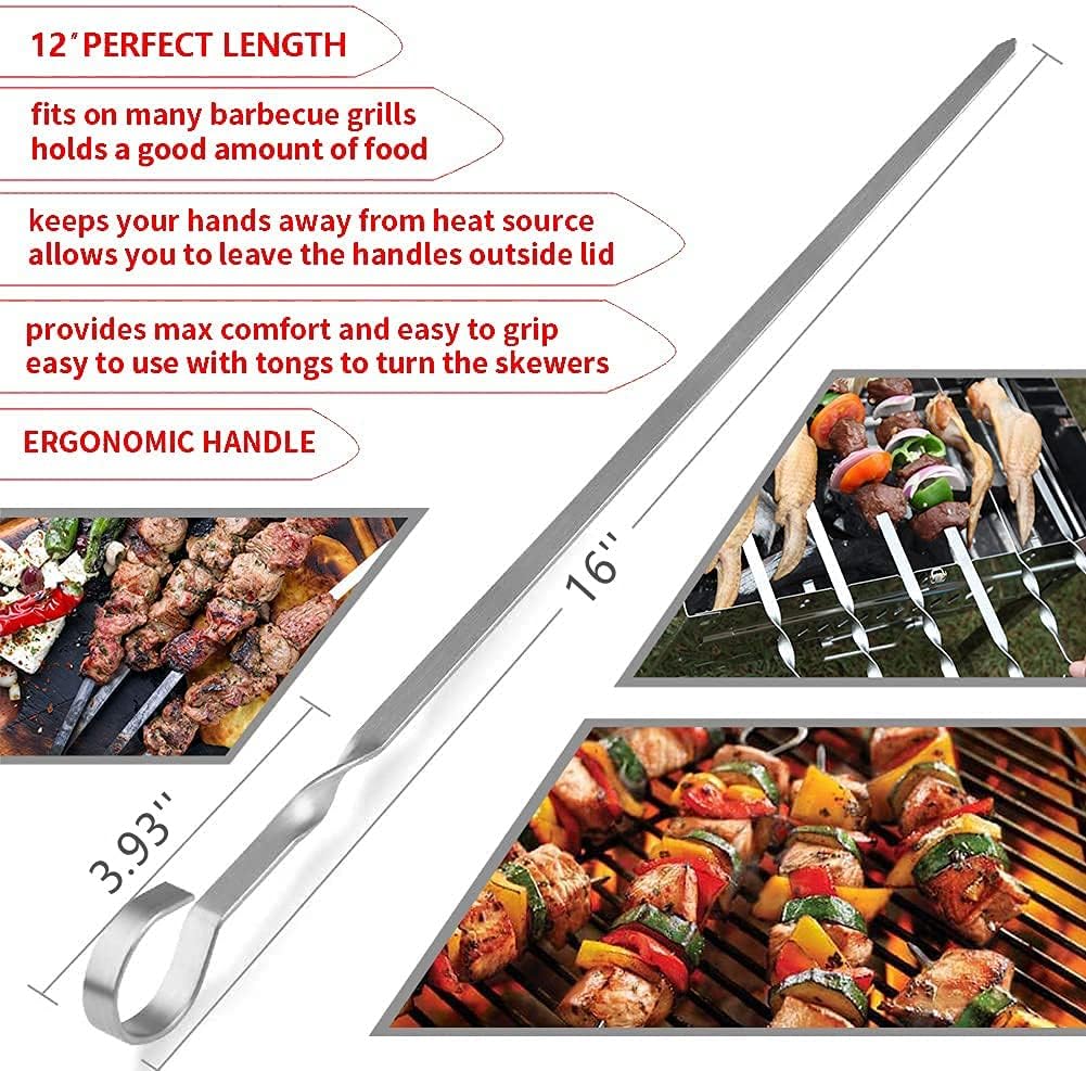 12PCS Kabob Skewers Flat Metal BBQ Barbecue Skewers 16" Long Hook Style - Image 3
