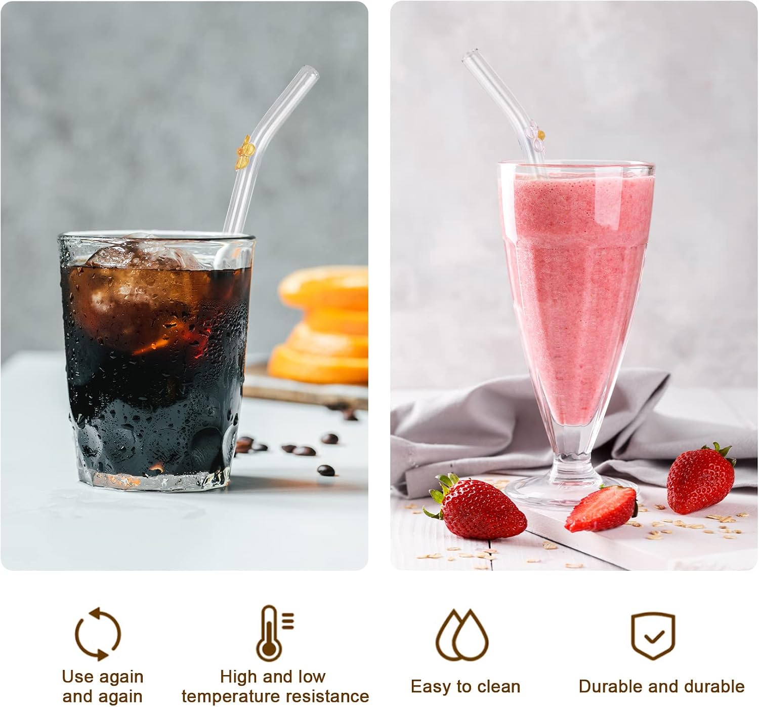 6 Pcs Reusable Glass Straws with 2 Cleaning Brushes, Cute Colorful Flower Glass - Image 5
