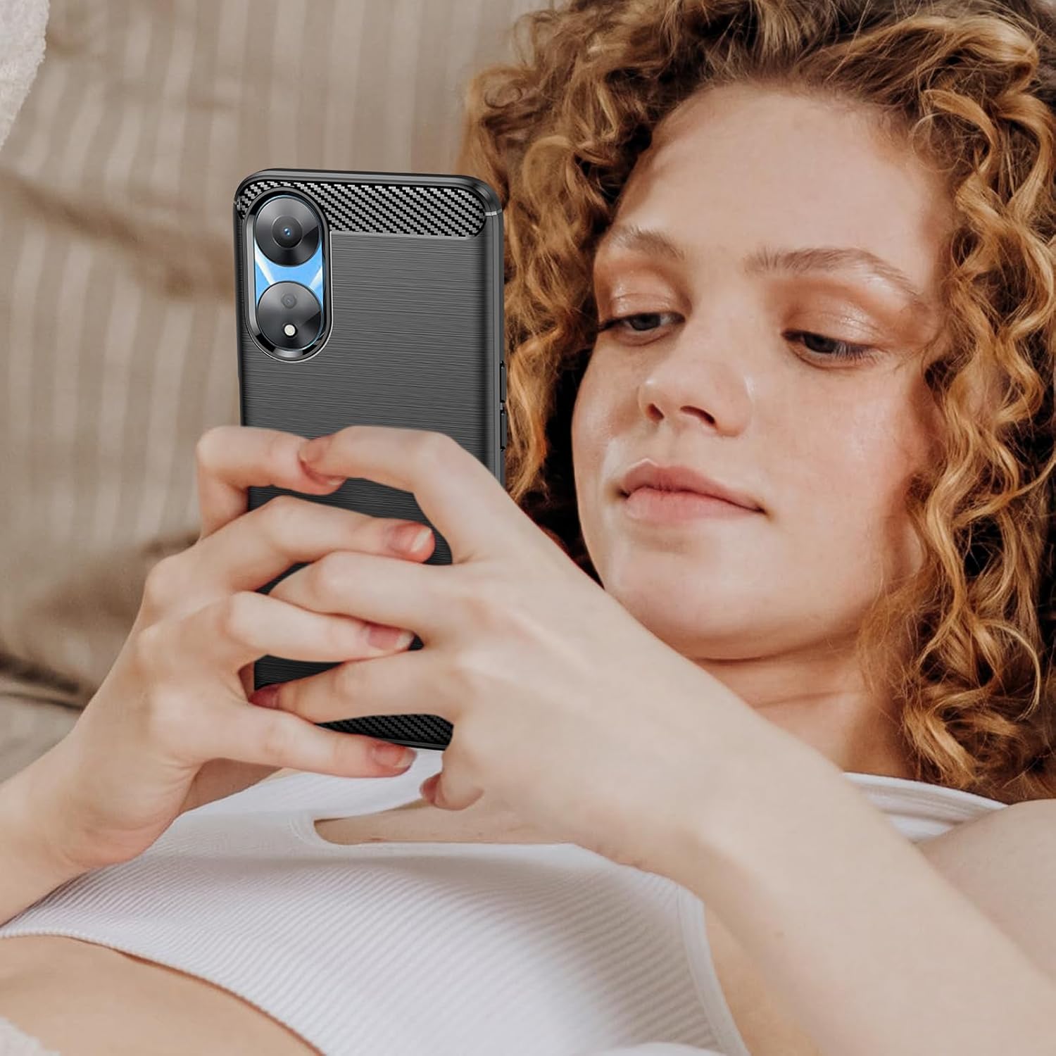 Case for Oppo A78 5G, Shock-Absorption Brushed Flexible Soft Carbon Fiber- Black - Image 7