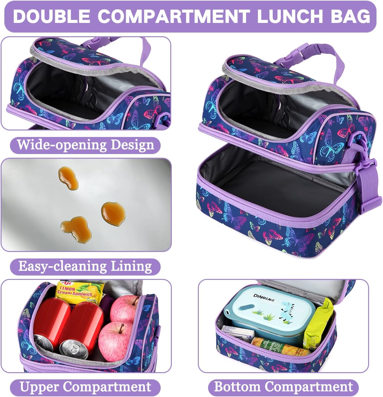 Lunch Box Bag Kids, Insulated Two Compartments Cooler Bags Girls Shoulder Strap - Image 3
