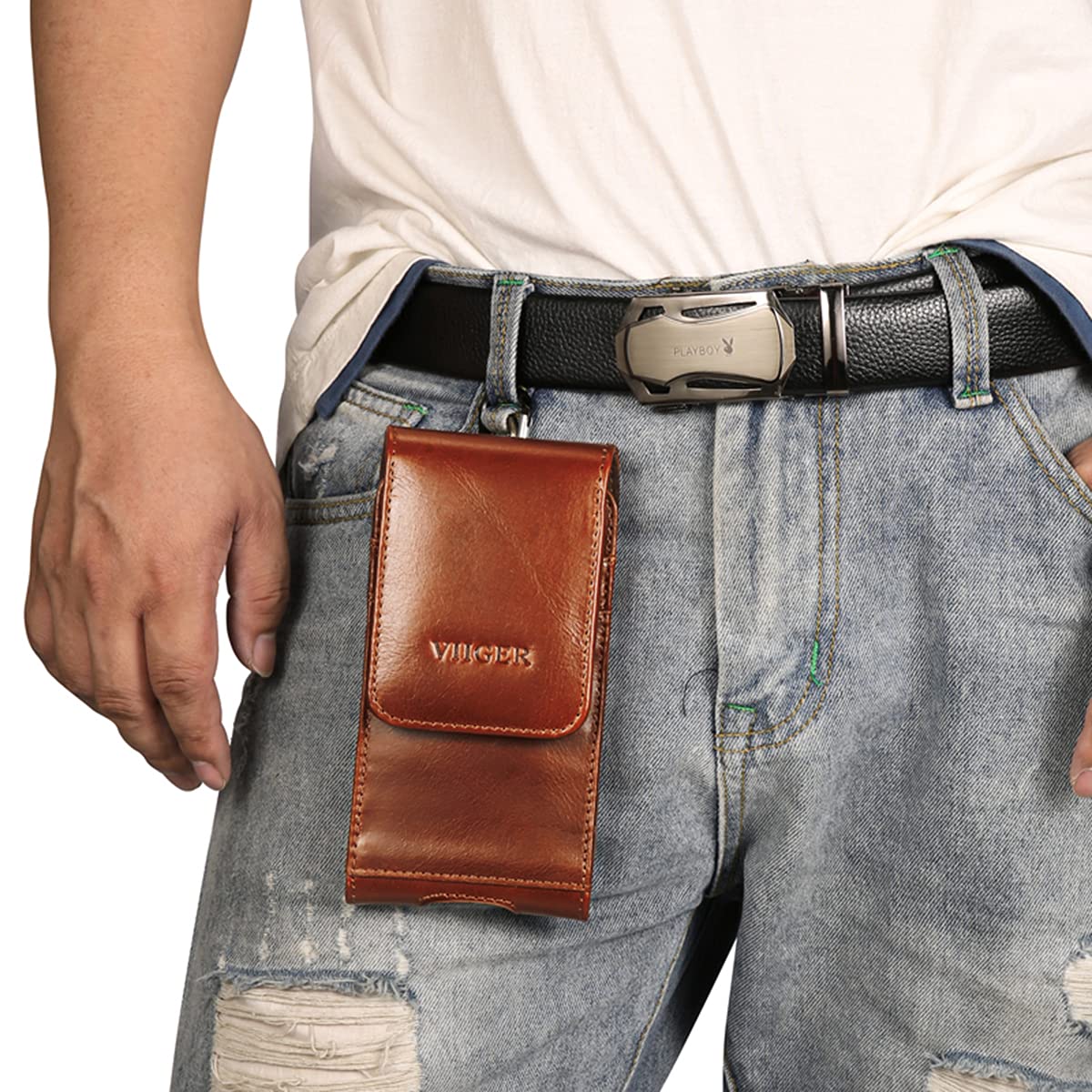 Genuine Leather Cell Phone Holster w/Magnetic Cover Belt Clip Pouch - Image 3