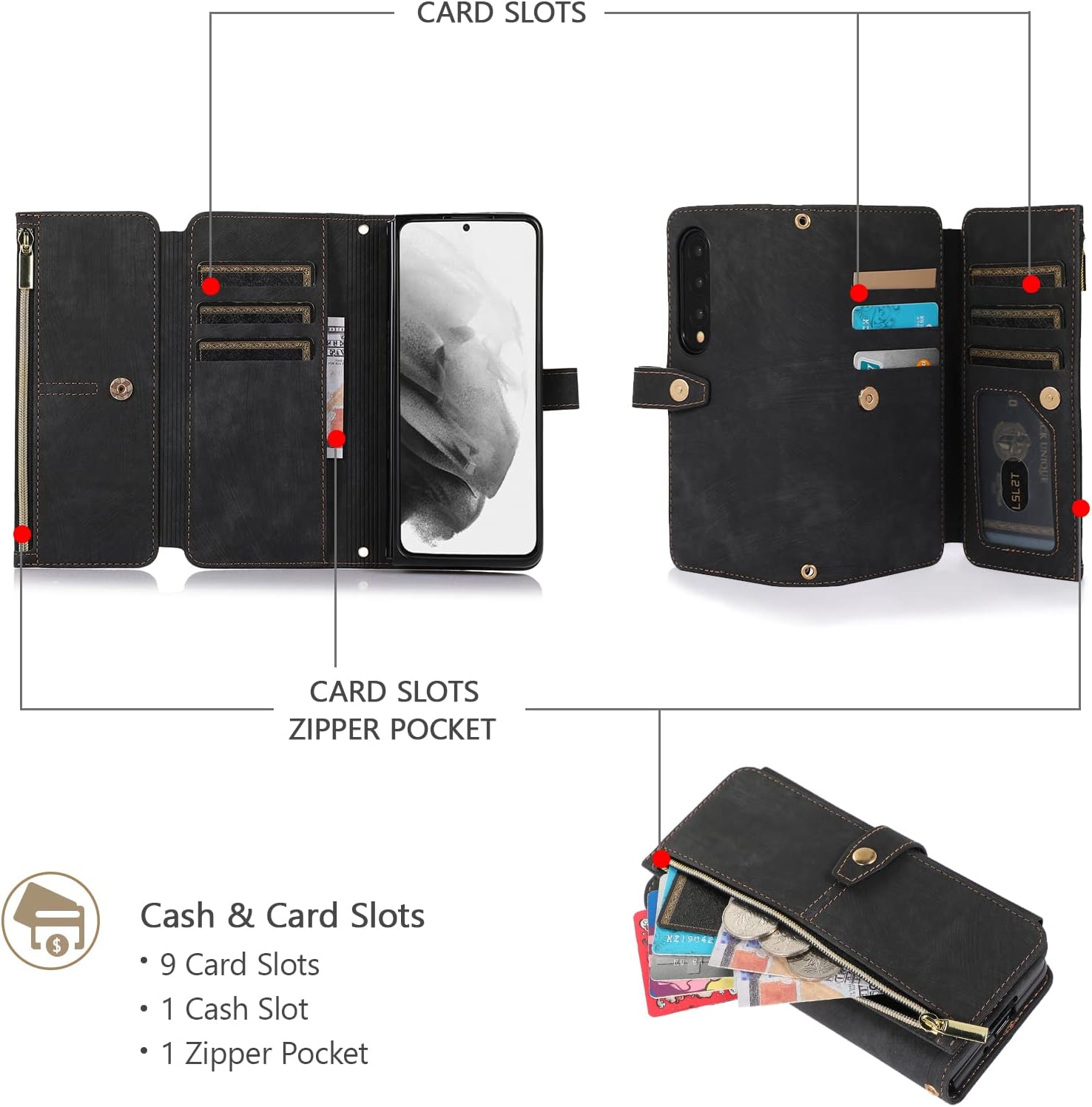 Z Fold 4, 9 Card Slot Shockproof Leather Flip Wallet Case - Black - Image 2