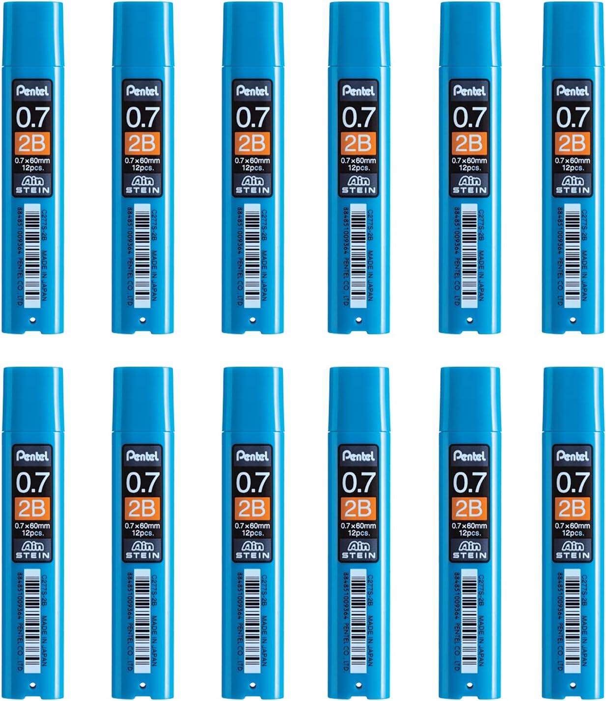 Pentel Ain Stein Lead Refill 0.7mm 2B Grade, 12 Leads Per Tube, Box of 12 Tubes