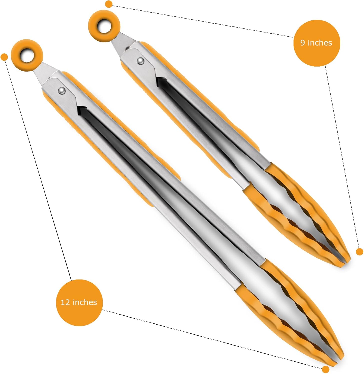 9-Inch & 12-Inch Premium Stainless Steel Food Tongs, Orange Silicone BPA Free - Image 4