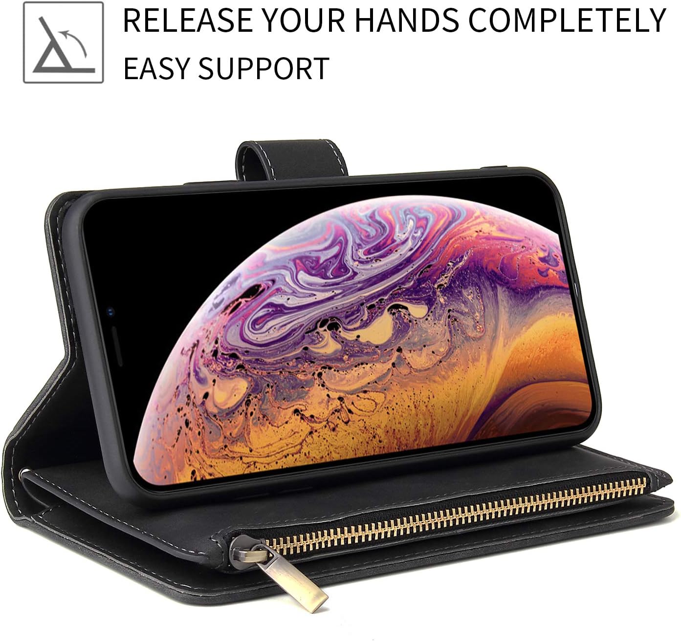 iPhone XR, Premium PU Leather Magnetic Closure Handbag Zipper Pocket Case - Image 3