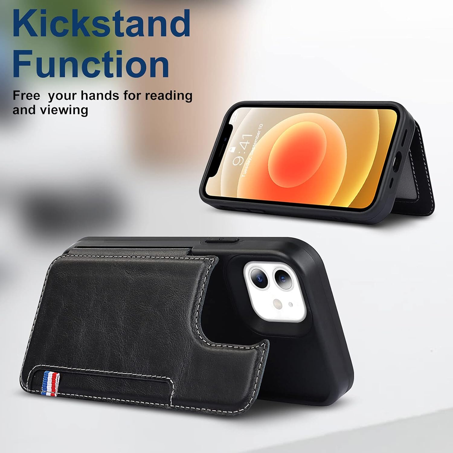 For iPhone 12 Mini w Card Slot Holder Stand, RFID Blocking Genuine - Black - Image 4