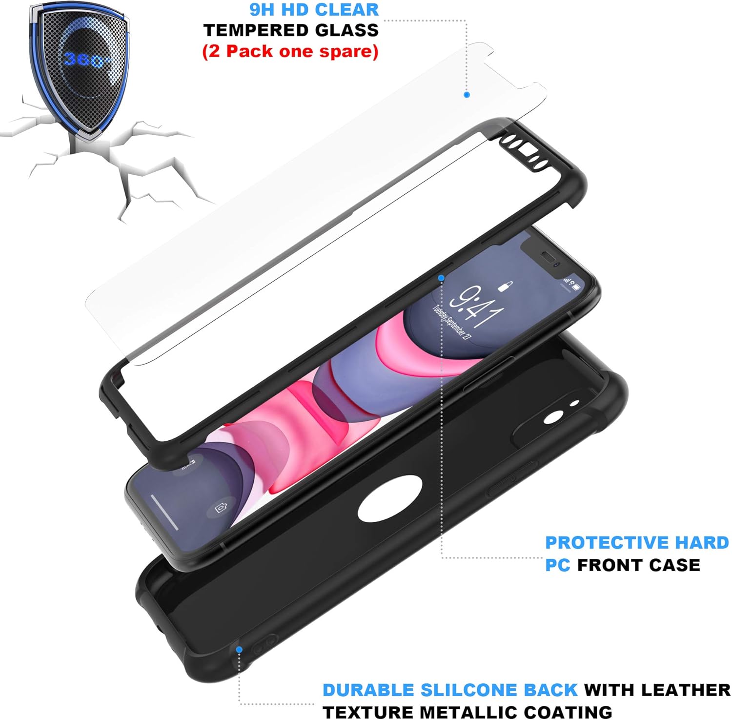 For iPhone 11 Case with 2 x Tempered Glass Screen Protector Shockproof Case - Image 5