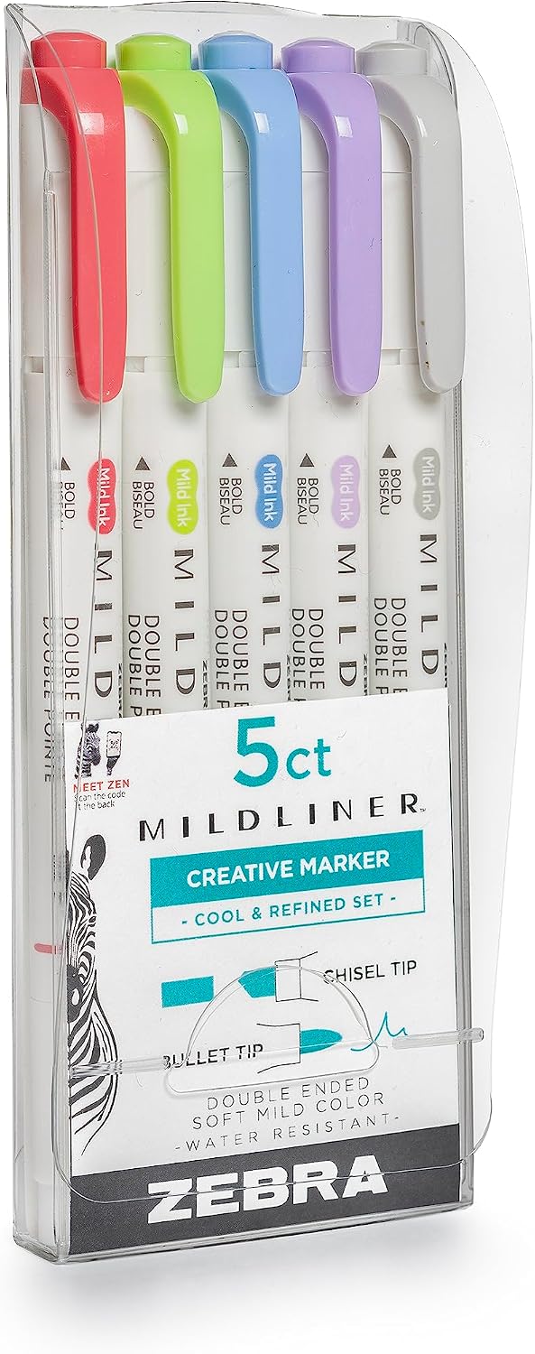 Mildliner Double Ended Highlighter Set, Broad/Fine Point, Cool Colors(Pack of 5) - Image 2