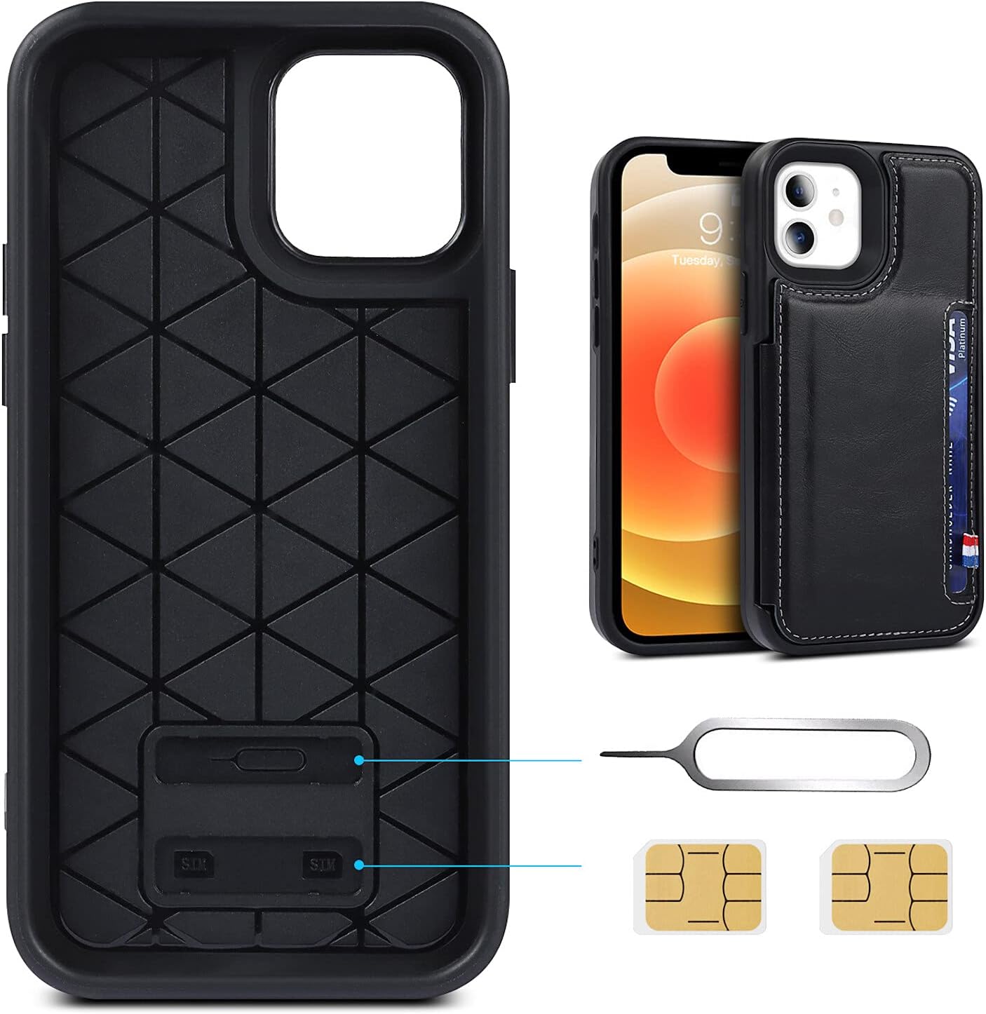 For iPhone 12 Mini w Card Slot Holder Stand, RFID Blocking Genuine - Black - Image 3