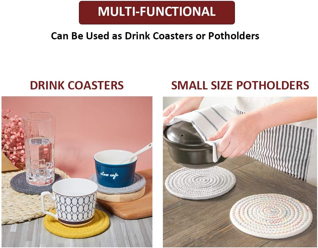 Absorbent Drink Coasters Handmade Braided - 6 Pack (4.3 Inch, Round, 8mm) - Image 6