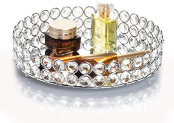 Crystal Beads Cosmetic Round Tray Jewelry Organizer Mirrored Decorative(Silver)