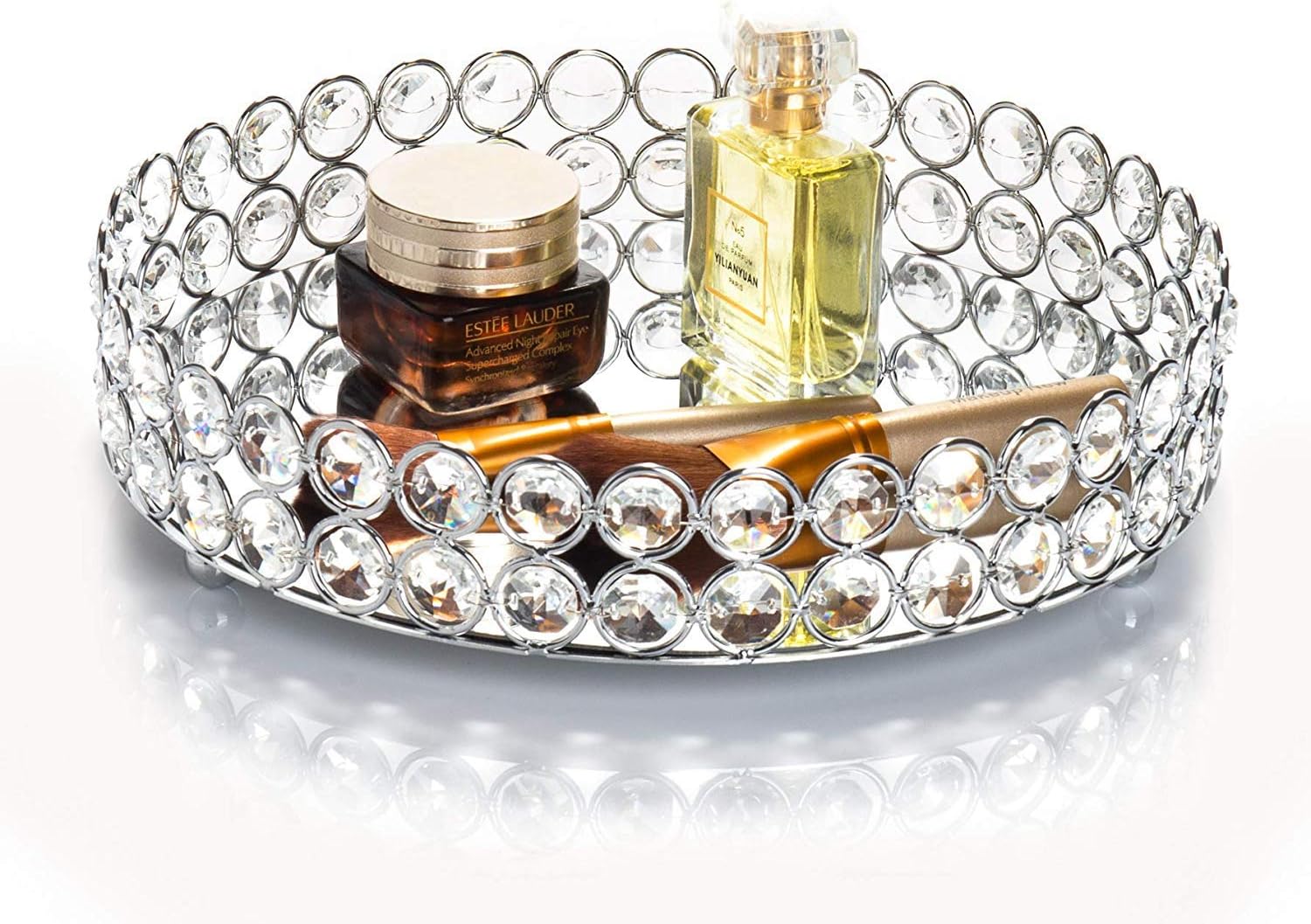 Crystal Beads Cosmetic Round Tray Jewelry Organizer Mirrored Decorative(Silver)