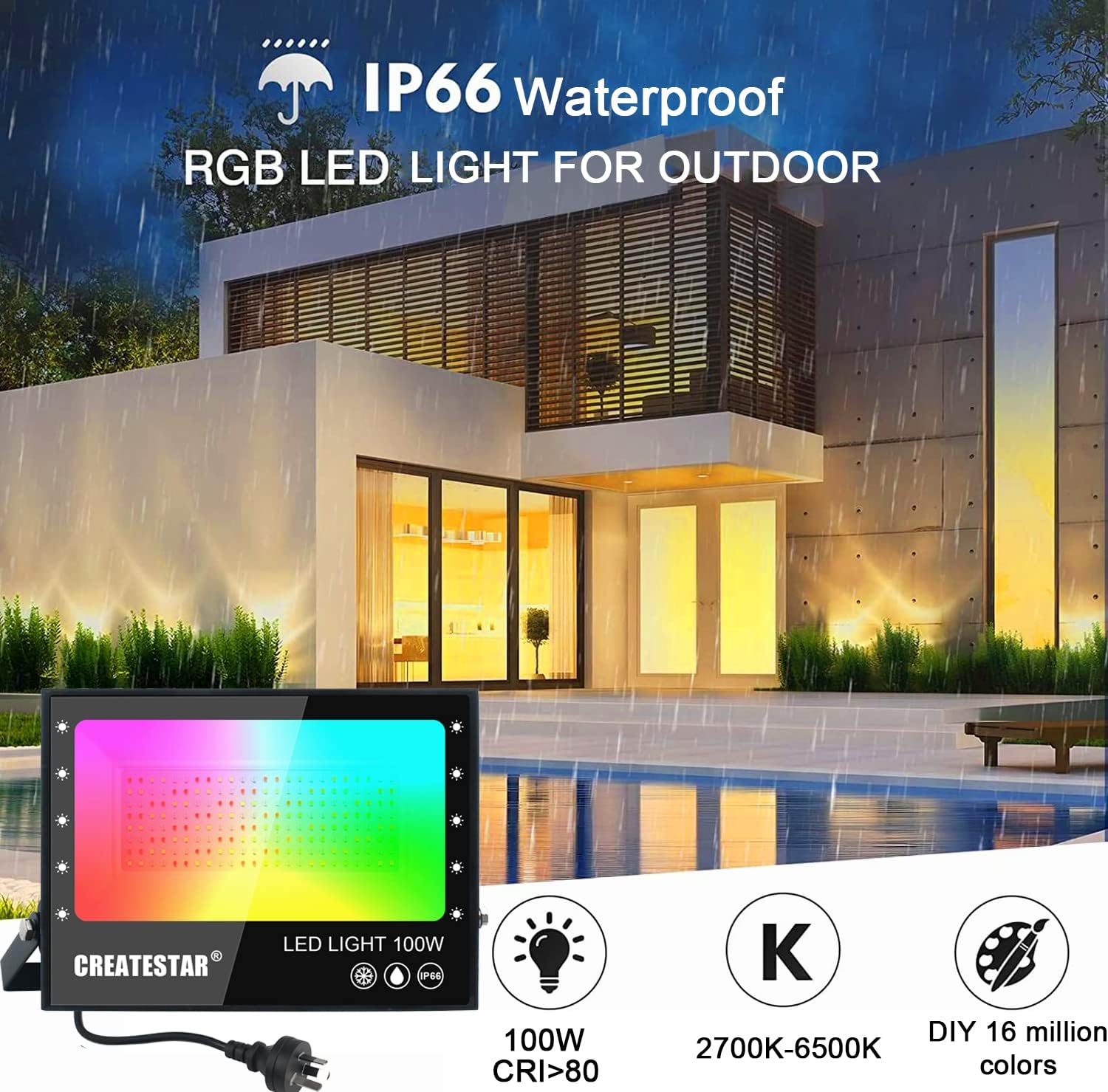 RGB LED Flood Light, 100W Outdoor Smart RGB Color Changing Floodlight, IP66 - Image 2