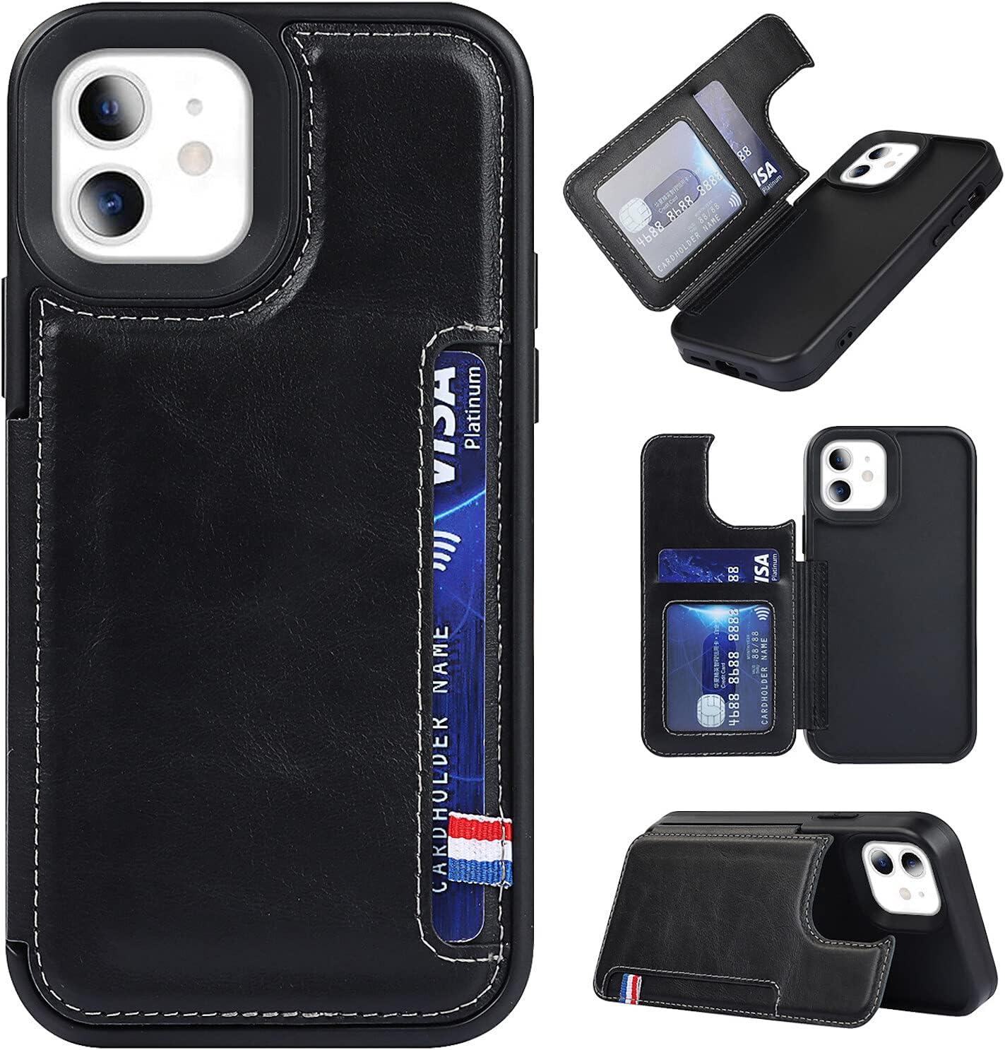 For iPhone 12 Mini w Card Slot Holder Stand, RFID Blocking Genuine - Black