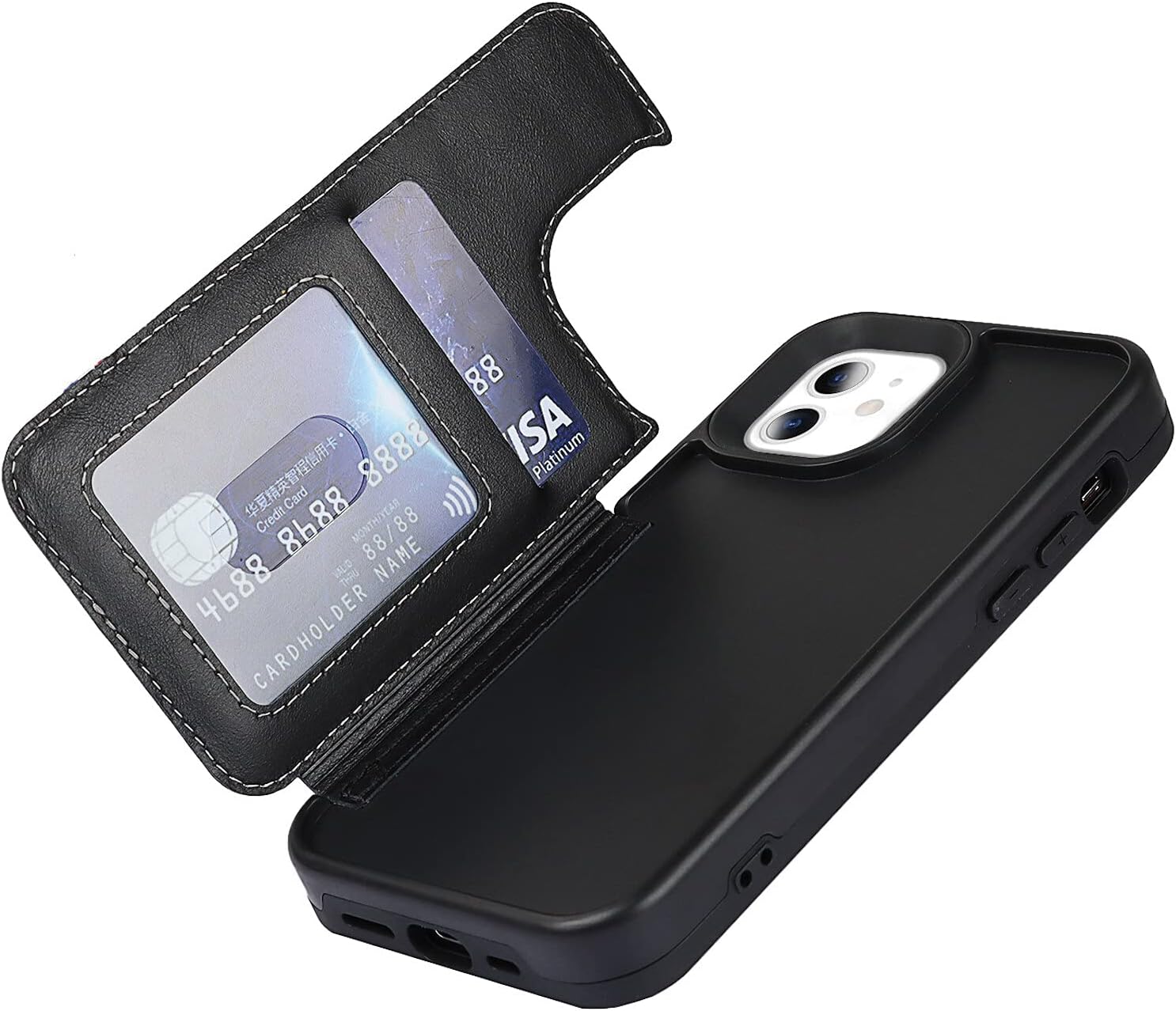 For iPhone 12 Mini w Card Slot Holder Stand, RFID Blocking Genuine - Black - Image 6