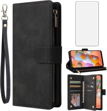 For Samsung Galaxy A11 Tempered Glass Screen Protector and Leather Flip Wallet