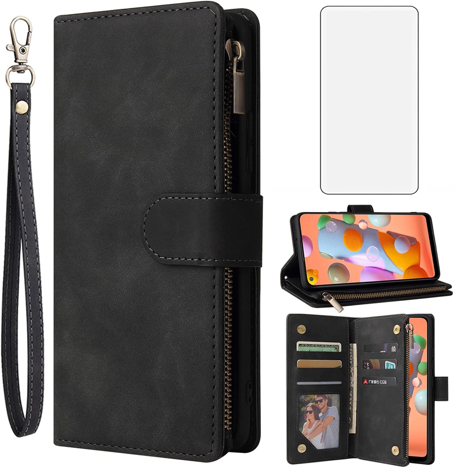 For Samsung Galaxy A11 Tempered Glass Screen Protector and Leather Flip Wallet