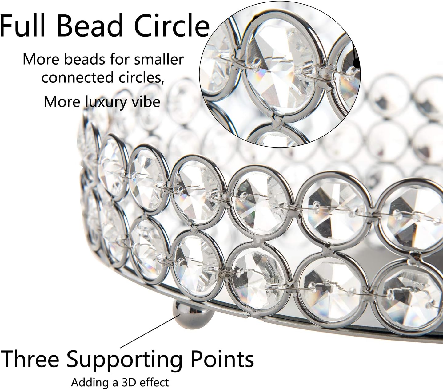 Crystal Beads Cosmetic Round Tray Jewelry Organizer Mirrored Decorative(Silver) - Image 2