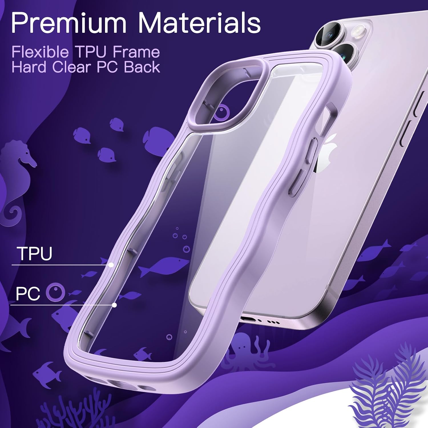 Cute Case for iPhone 14 6.1-Inch, Wave Frame Curly Shape Shockproof (Purple) - Image 4
