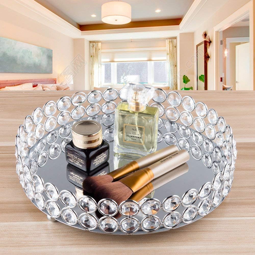 Crystal Beads Cosmetic Round Tray Jewelry Organizer Mirrored Decorative(Silver) - Image 9