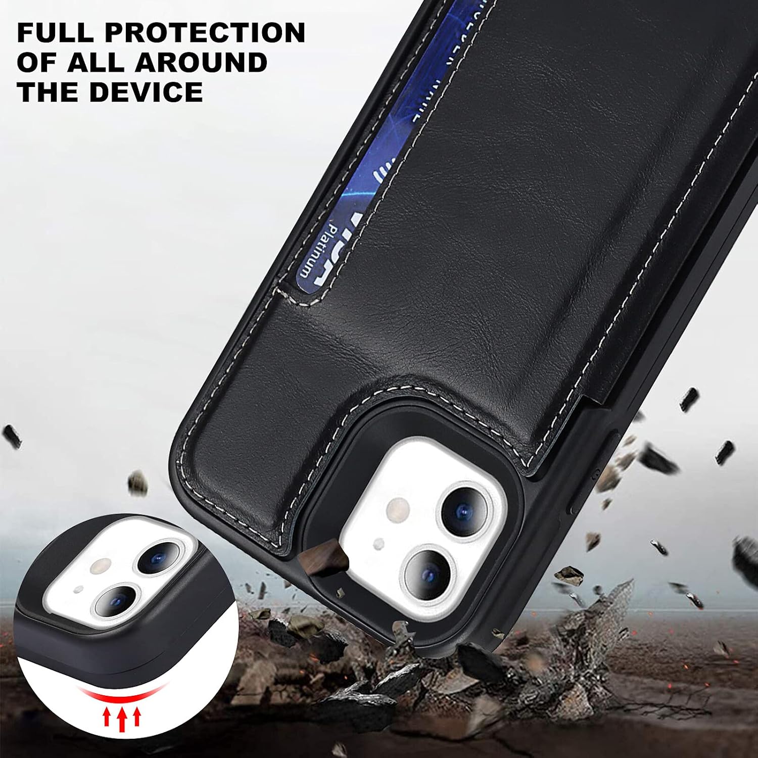 For iPhone 12 Mini w Card Slot Holder Stand, RFID Blocking Genuine - Black - Image 5