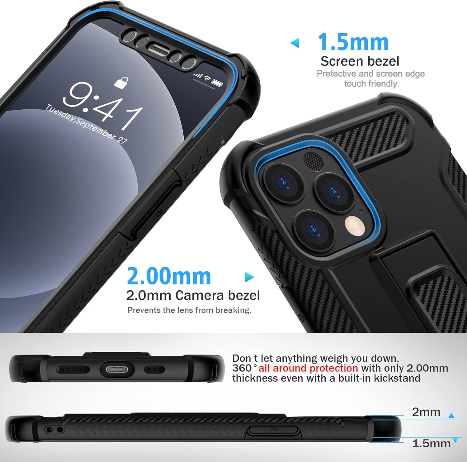 For iPhone 12 Pro Max Case, Military Grade Shockproof Silicone Bumper - Black - Image 2