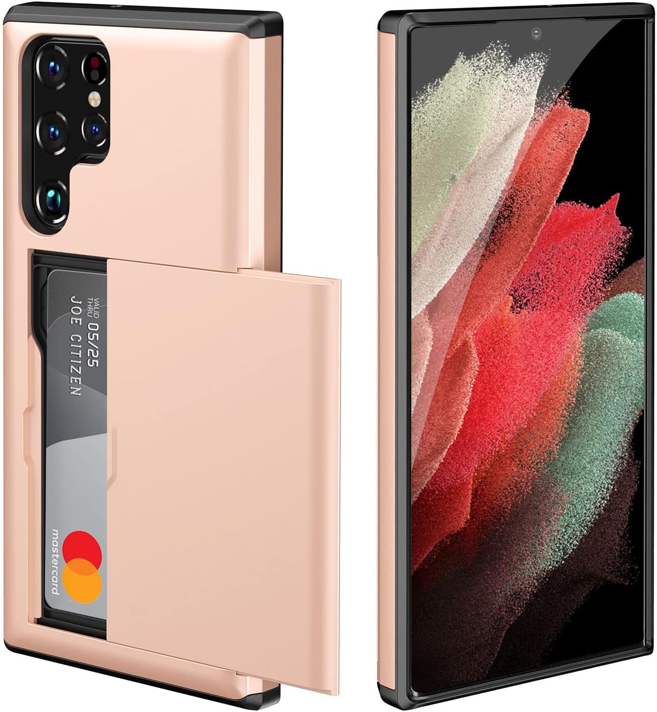 Galaxy S22 Ultra 5G Slide Card Holder Protective Shockproof Case - Rose Gold