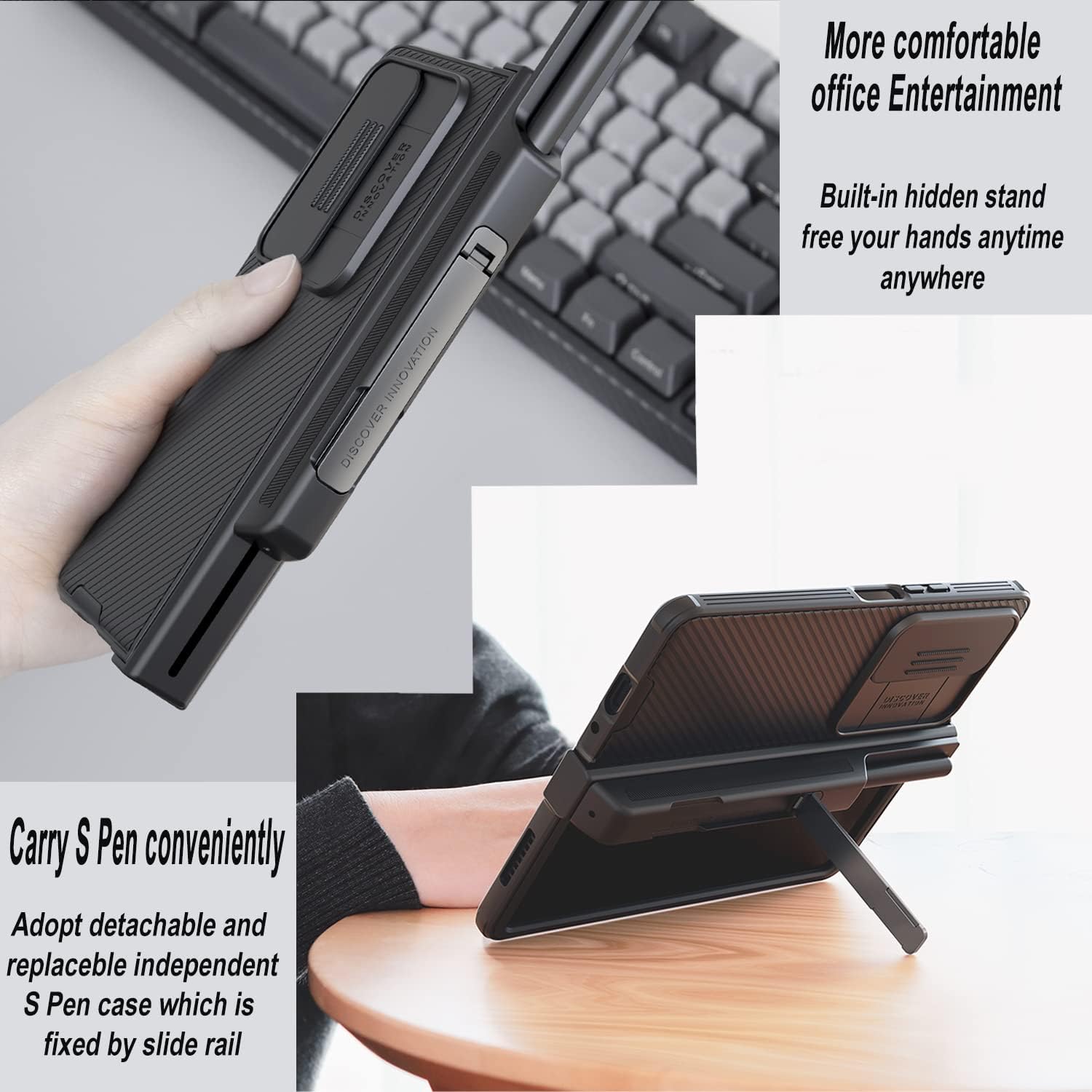 For Samsung Galaxy Z Fold 4 Camera Cover & Screen Protectors Kickstand - Black - Image 4