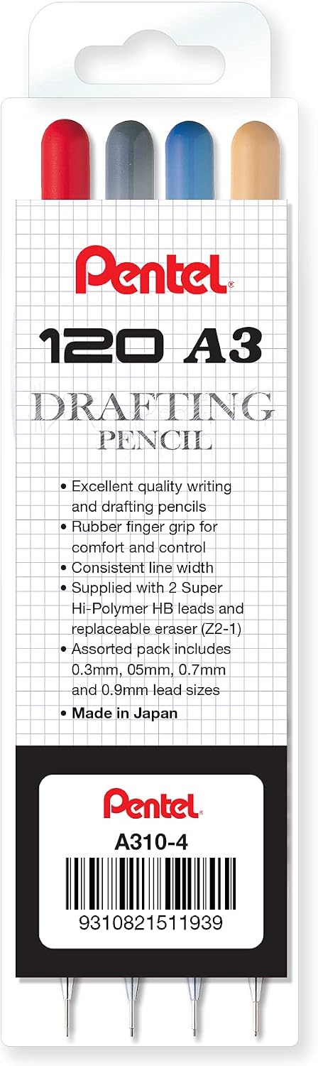 Pentel 120 A3 Mechanical Pencil Wallet 4 Assorted Sizes (A310-4) - Image 2