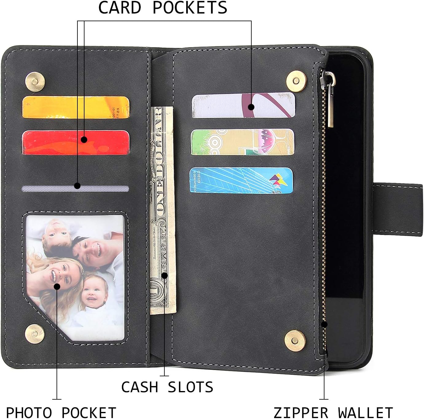 iPhone XR, Premium PU Leather Magnetic Closure Handbag Zipper Pocket Case - Image 2