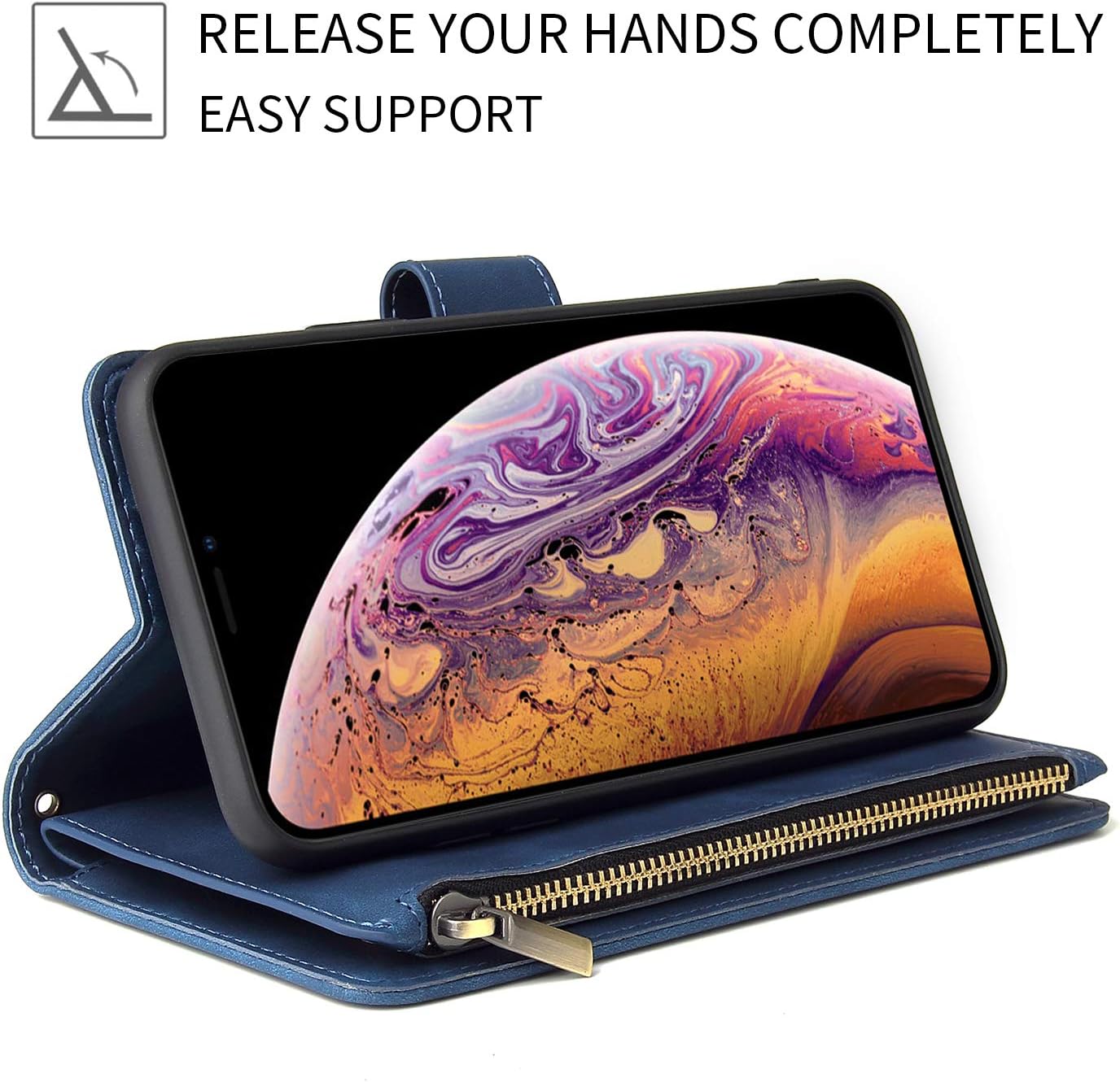 iPhone XR, Premium Vintage PU Leather Magnetic Zipper Pocket Kickstand Case - Image 3