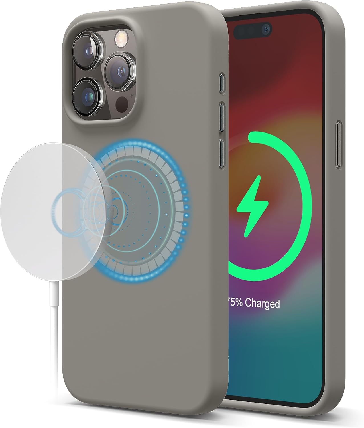 Magnetic Silicone Case for iPhone 15 Pro Max, with MagSafe (Medium Grey)