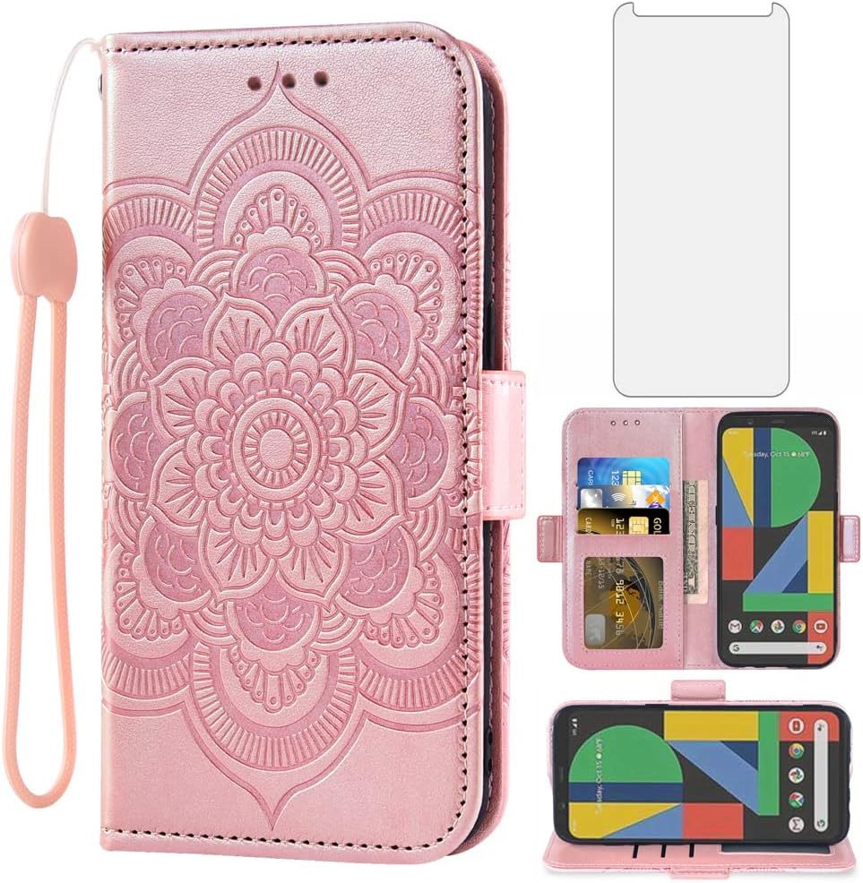 For Google Pixel 4 Wallet Case and Tempered Glass Screen Protector - Leather