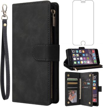 iPhone 7/8 Plus Tempered Glass Screen Protector and Flip Wallet Case - Black