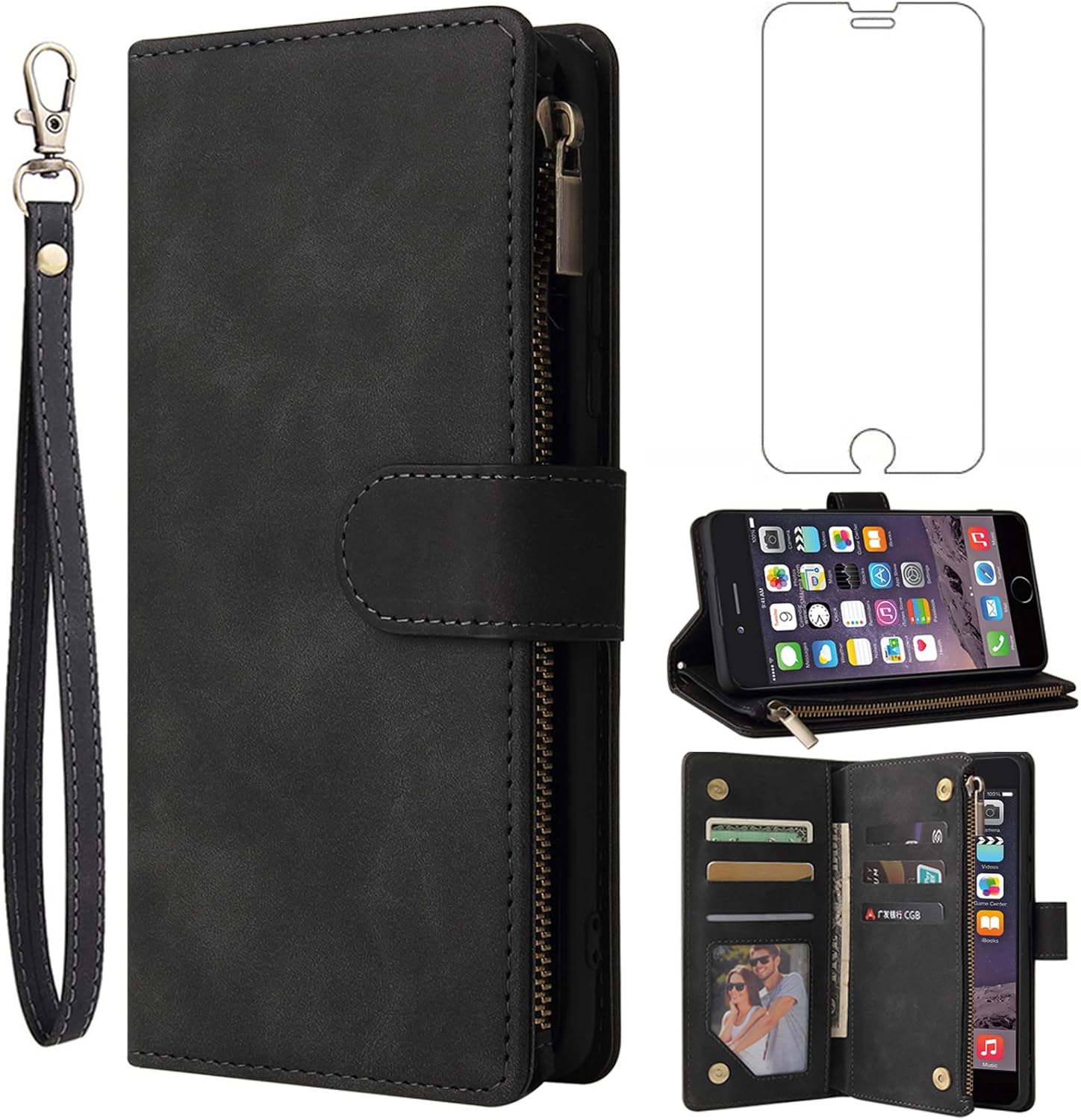 iPhone 7/8 Plus Tempered Glass Screen Protector and Flip Wallet Case - Black