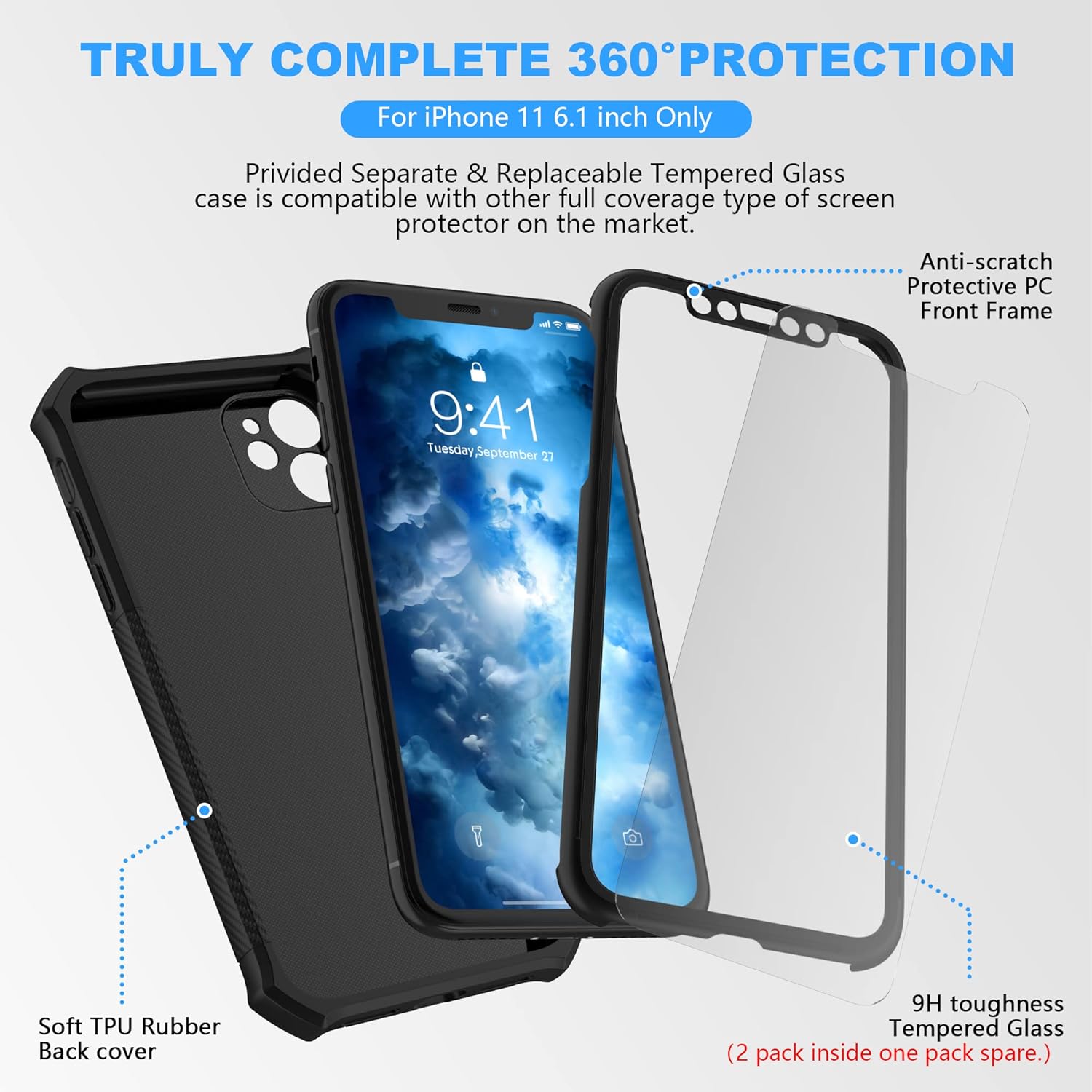 For iPhone 11 Case with 2 x Glass Screen Protector Full Camera Lens Protection - Image 3