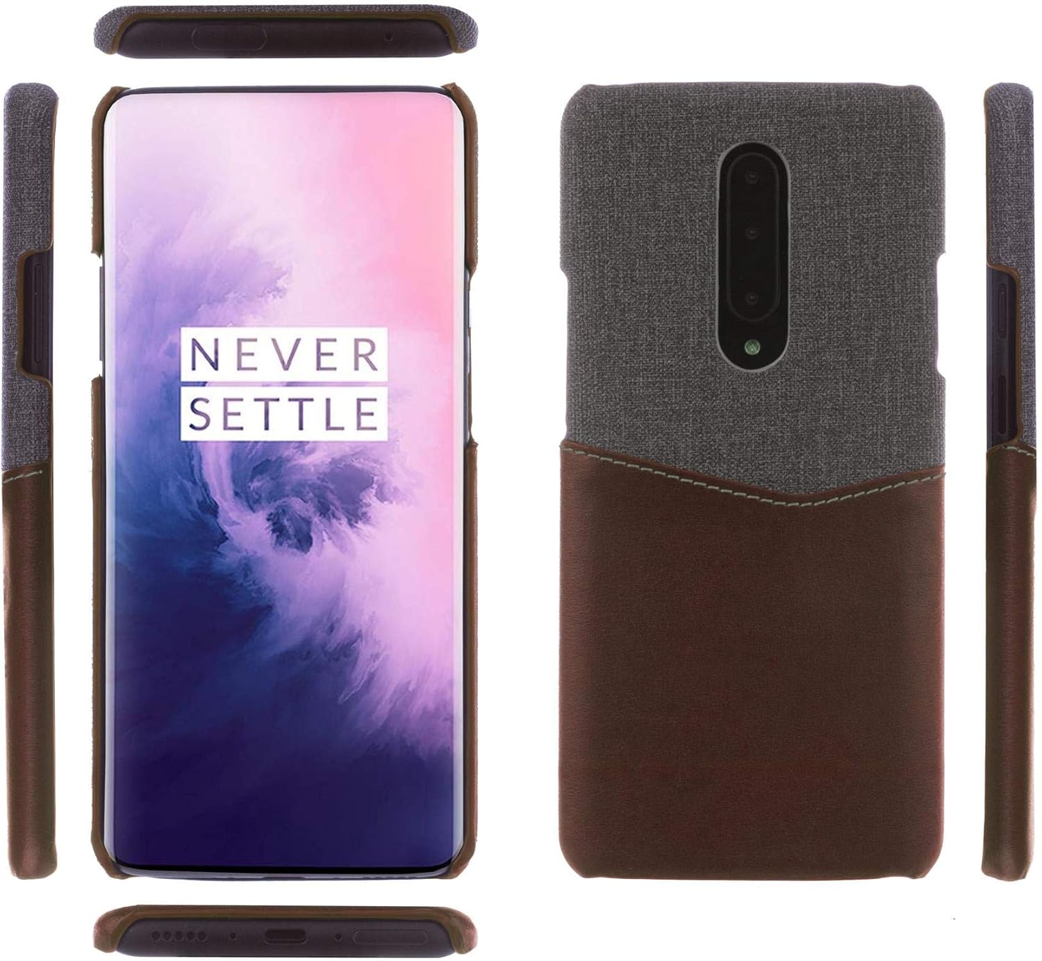 Card Wallet Plastic Phone Case with OnePlus7 Pro Fabric Texture-Brown - Image 2