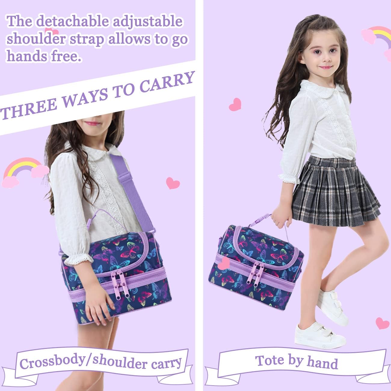 Lunch Box Bag Kids, Insulated Two Compartments Cooler Bags Girls Shoulder Strap - Image 7