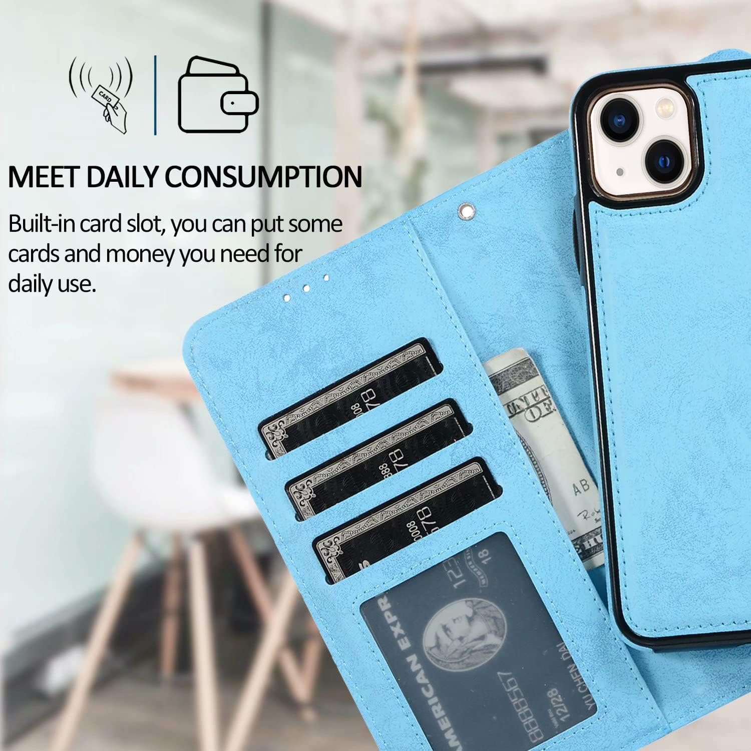 Magnetic Detachable Wallet Case with Card Slot Folio Case - Light Blue - Image 7