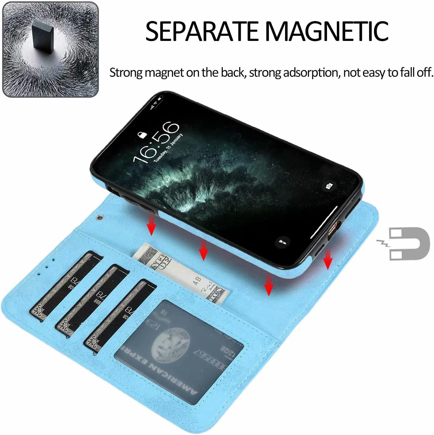 Magnetic Detachable Wallet Case with Card Slot Folio Case - Light Blue - Image 2