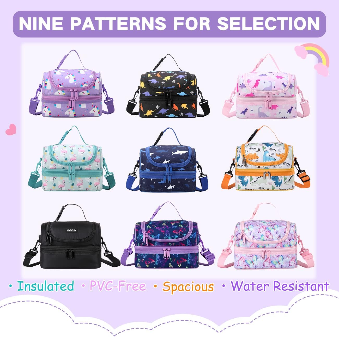 Lunch Box Bag Kids, Insulated Two Compartments Cooler Bags Girls Shoulder Strap - Image 9