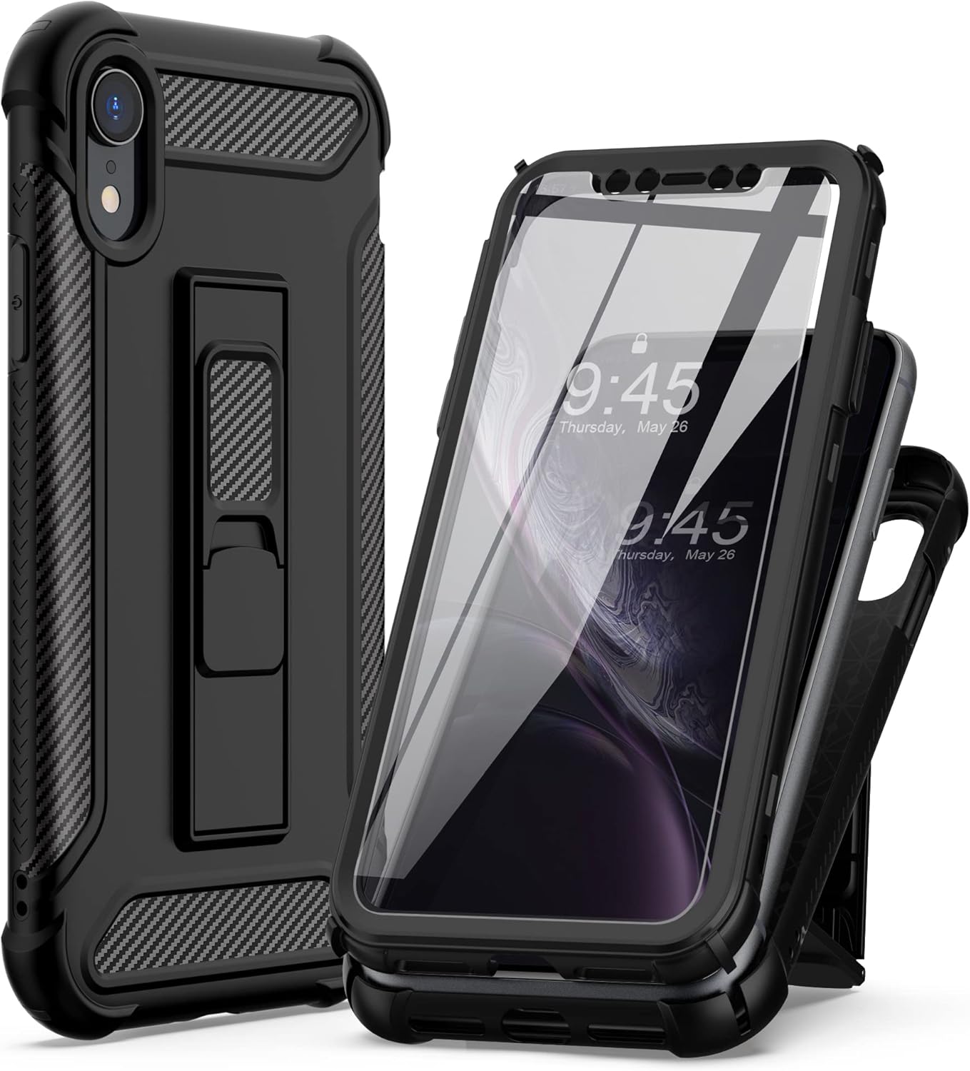 For iPhone XR Case, with 2 x Screen Protectors Full Body Shockproof Case - Black - Image 2