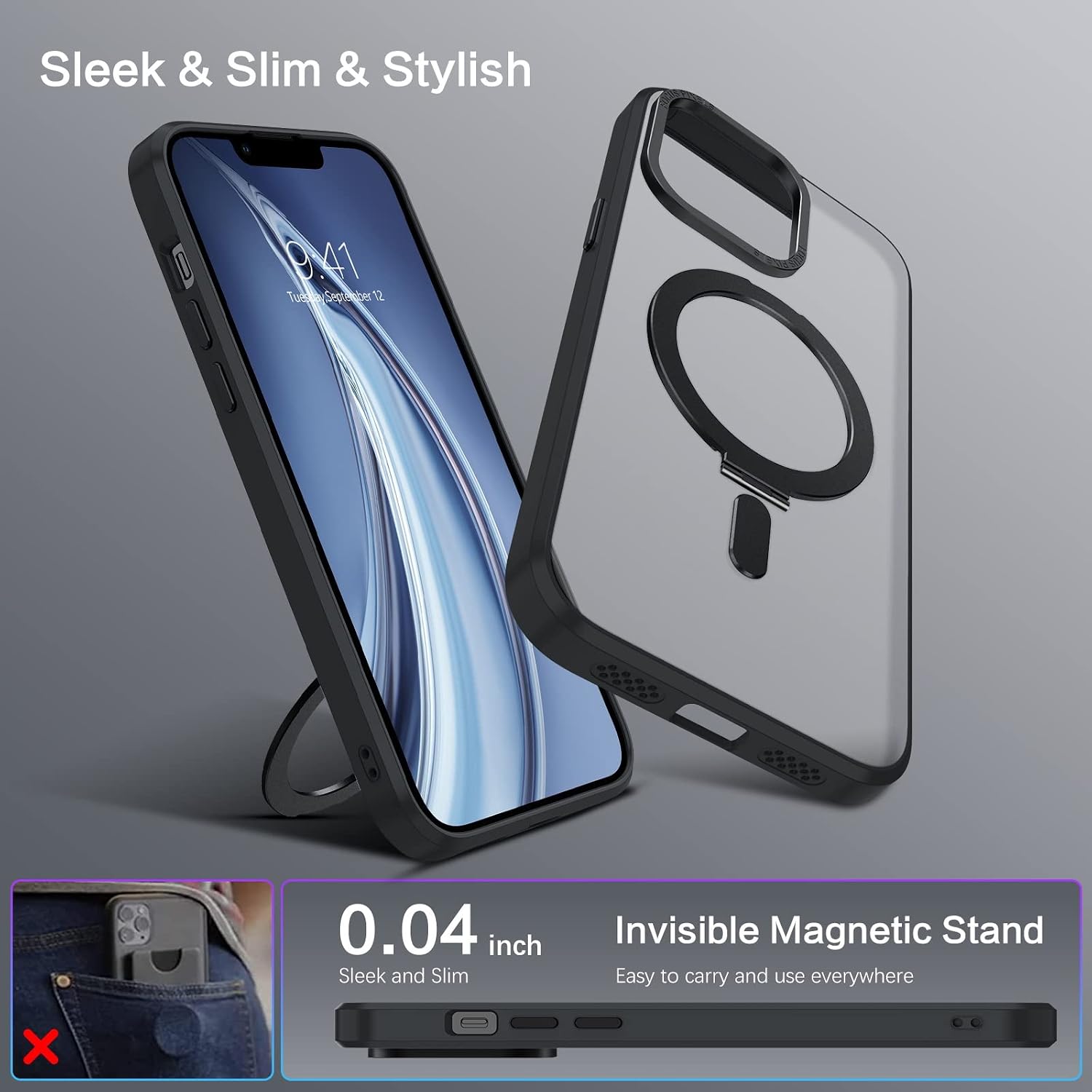 For iPhone 13 Pro Max 6.7 Inch Magnetic Slim, Kickstand Cover Cases, Black - Image 7