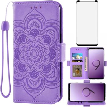 Samsung Galaxy S9 Tempered Glass Screen Protector Leather Flip Wallet Case